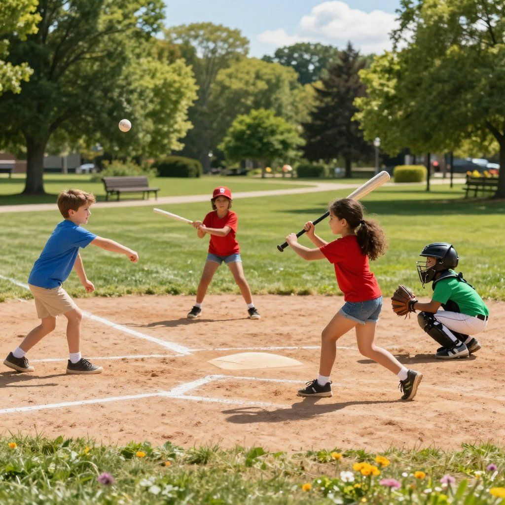Children playing baseball in a park; batter swings, pitcher throws, catcher crouches.