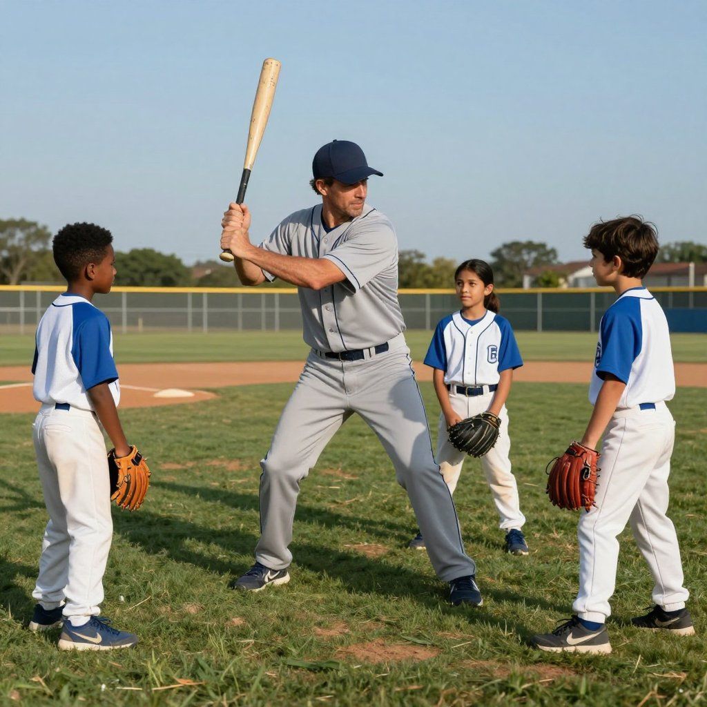 Baseball coach holding bat, instructing young players on a baseball field.