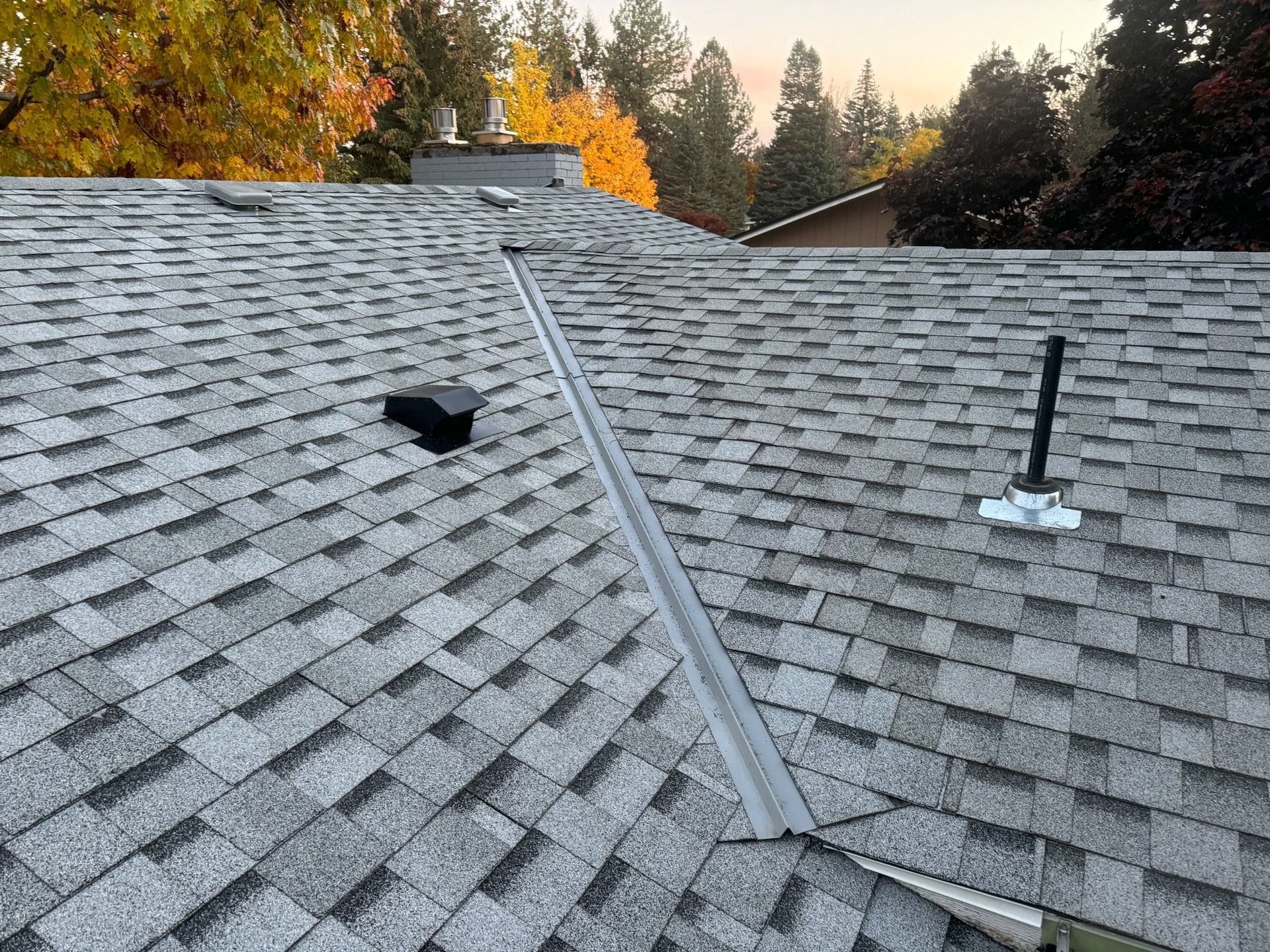 Gray shingled roof with a metal ladder, roof vent, and autumn trees in the background