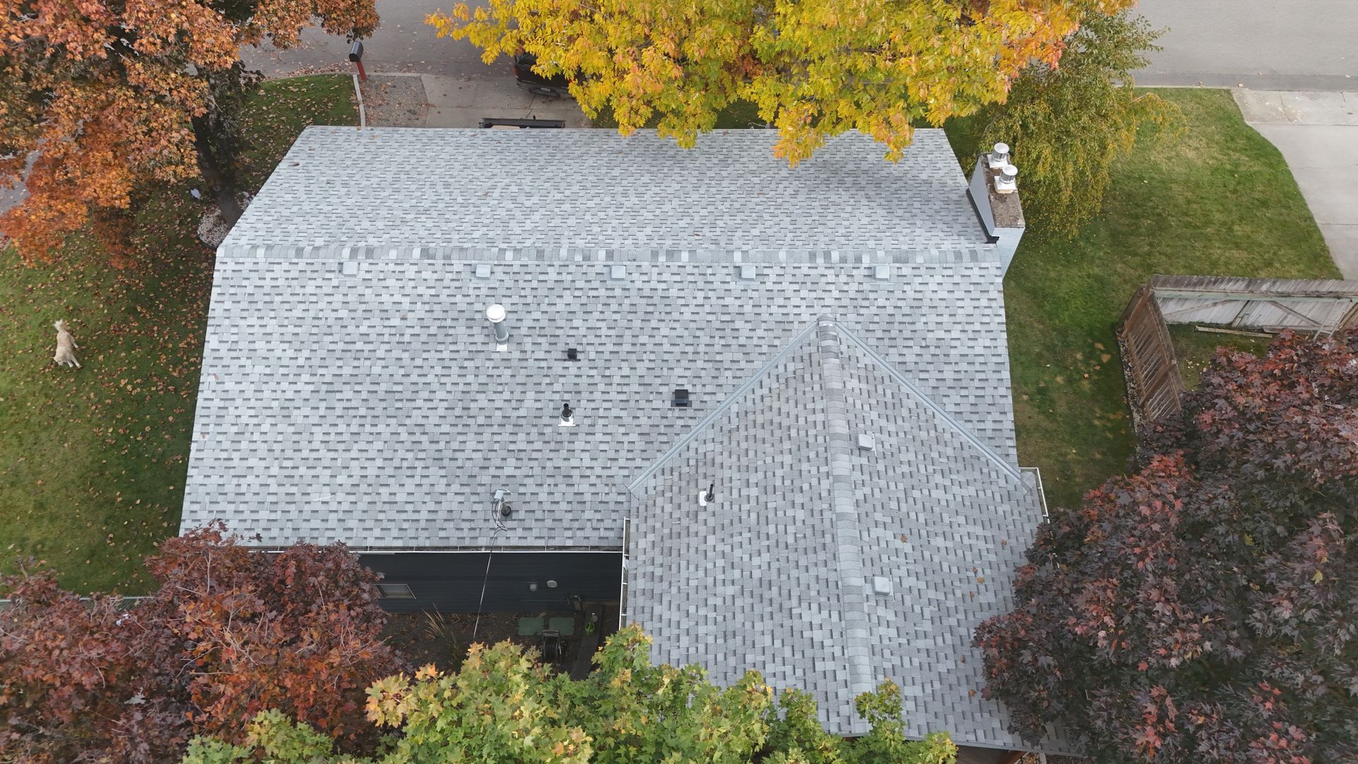 Aerial view of a gray shingled house surrounded by autumn trees with red, yellow, and green foliage