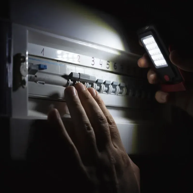 A person is looking at an electrical box with a flashlight.