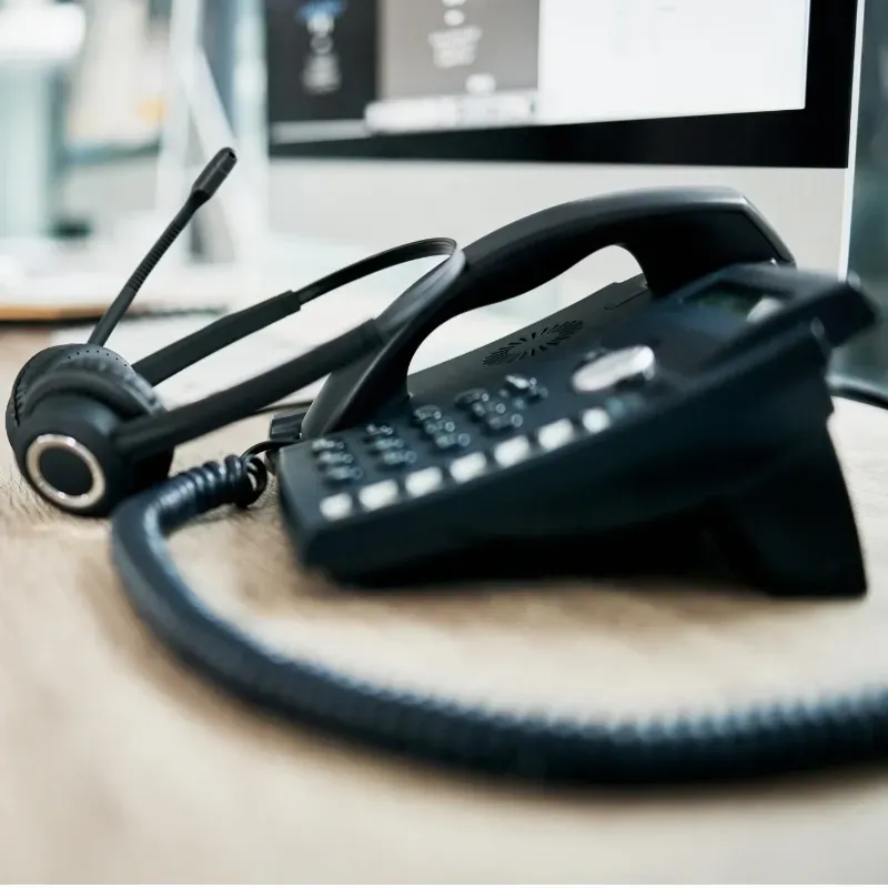 A telephone and a headset are on a desk in front of a computer.