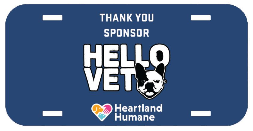 A blue license plate that says thank you sponsor hello vet