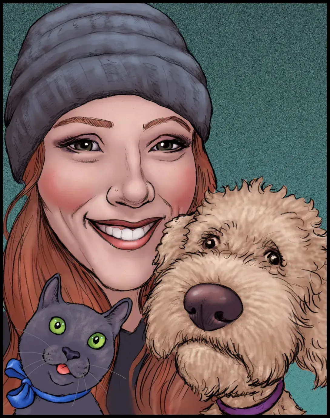 A woman is smiling while holding a dog and a cat.