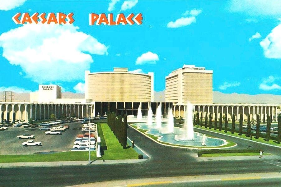 Vintage 1973 postcard showing the original Caesars Palace hotel tower and Roman-inspired resort architecture in Las Vegas.