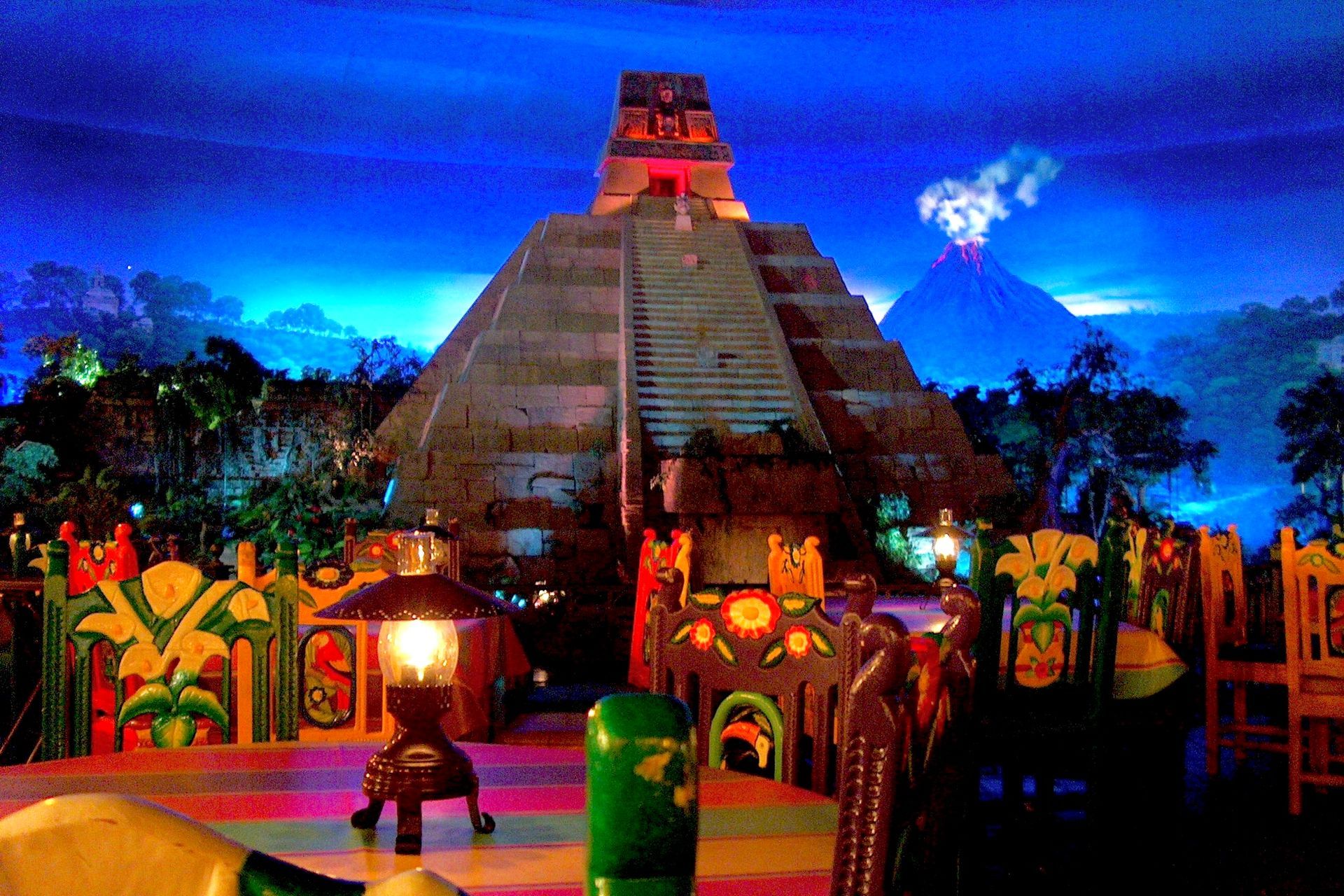 Indoor Mexican marketplace beneath an artificial nighttime sky inside EPCOT's Mexico pavilion at Walt Disney World.