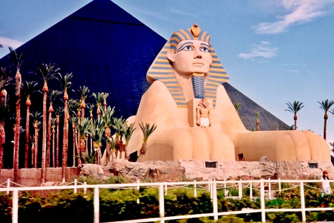 Luxor Hotel's Egyptian-inspired pyramid and giant sphinx on the Las Vegas Strip around 1995.