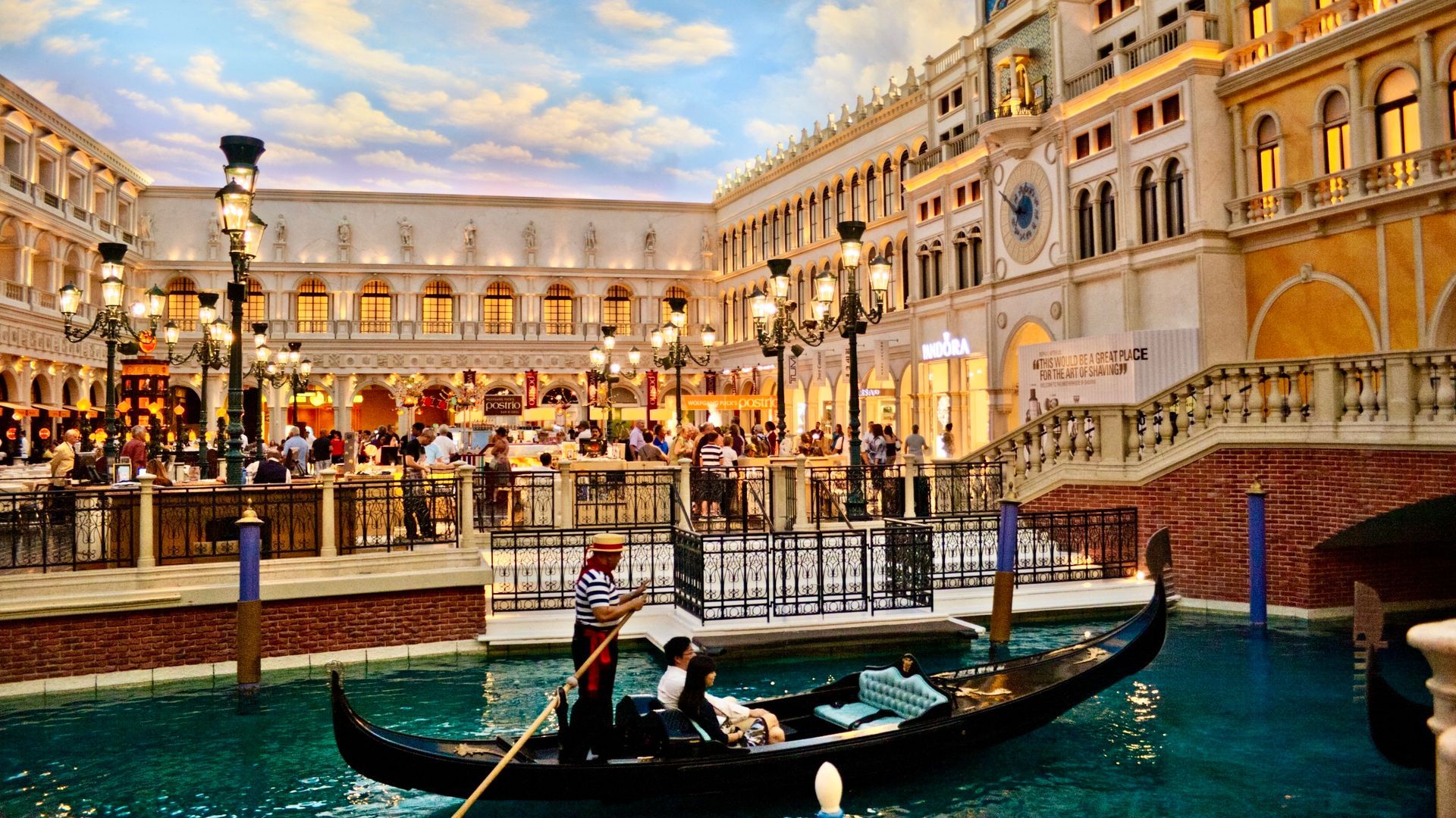 Recreated St. Mark's Square beneath a painted sky inside the Grand Canal Shoppes at The Venetian in Las Vegas.