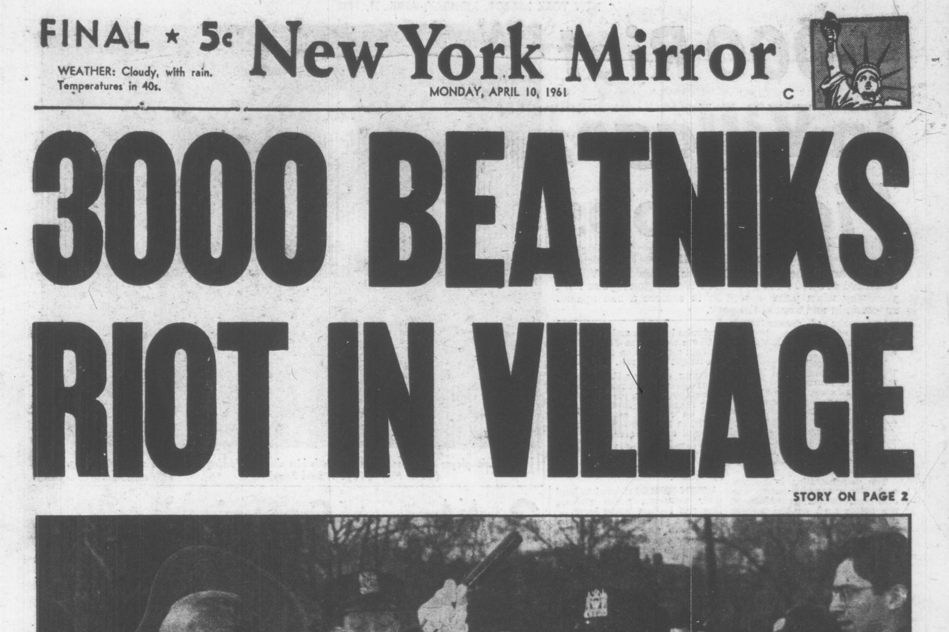 1961 New York Mirror front page reporting on the Washington Square folk music protests.