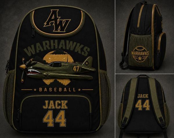 Black backpacks with gold text, the letters AW at the top, a military plane flying and text that says Jack with the number 44 below it in gold colored text.