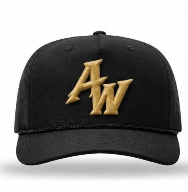 Black baseball cap with the letters AW on the front in gold colored text.