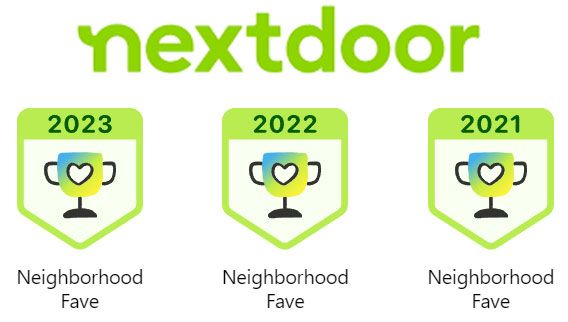 Nextdoor logo with three Neighborhood Fave badges from 2021, 2022, and 2023, each shaped like a trophy with a heart inside.