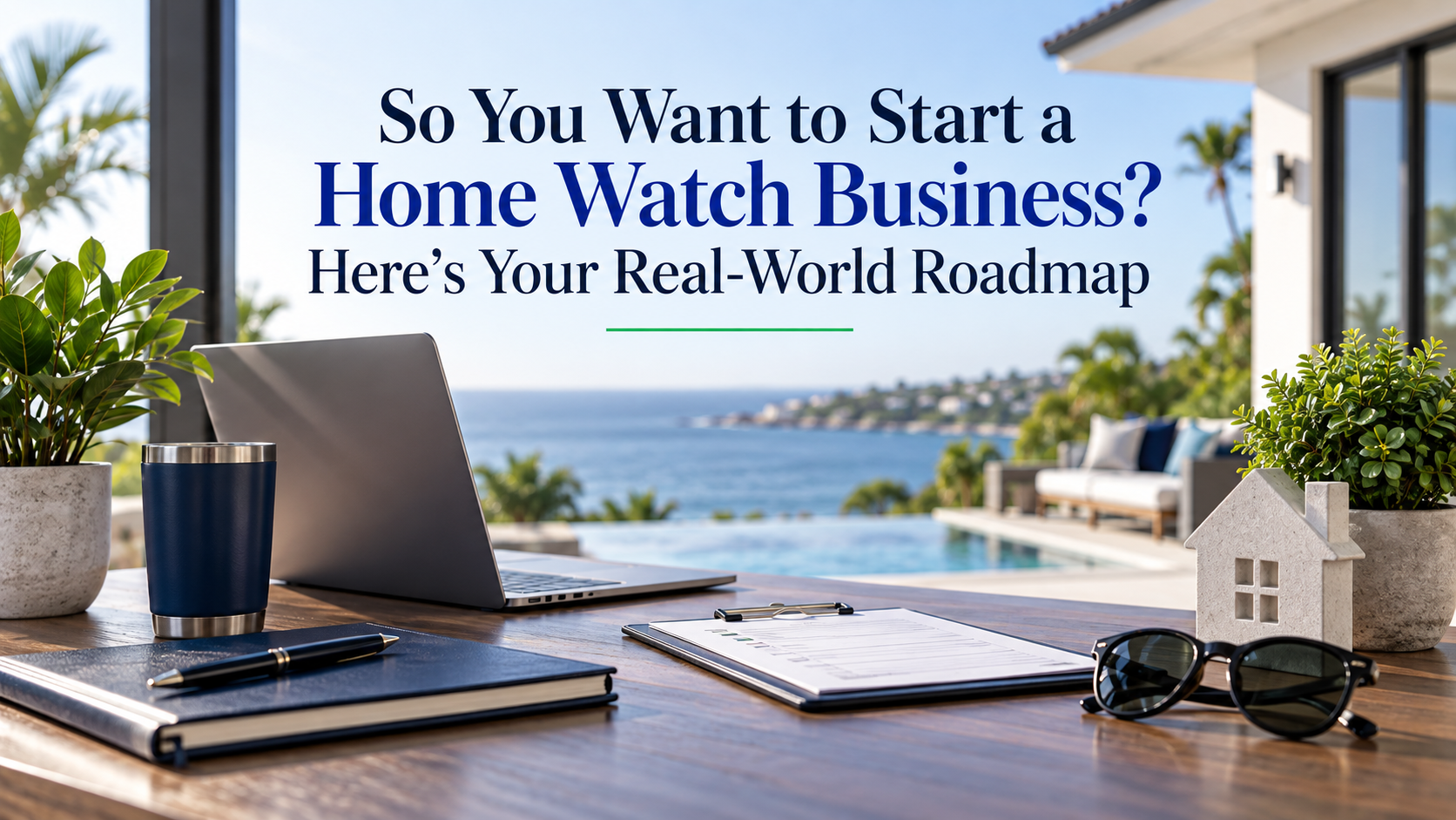 Start a Home Watch Business text with a desk and ocean view 