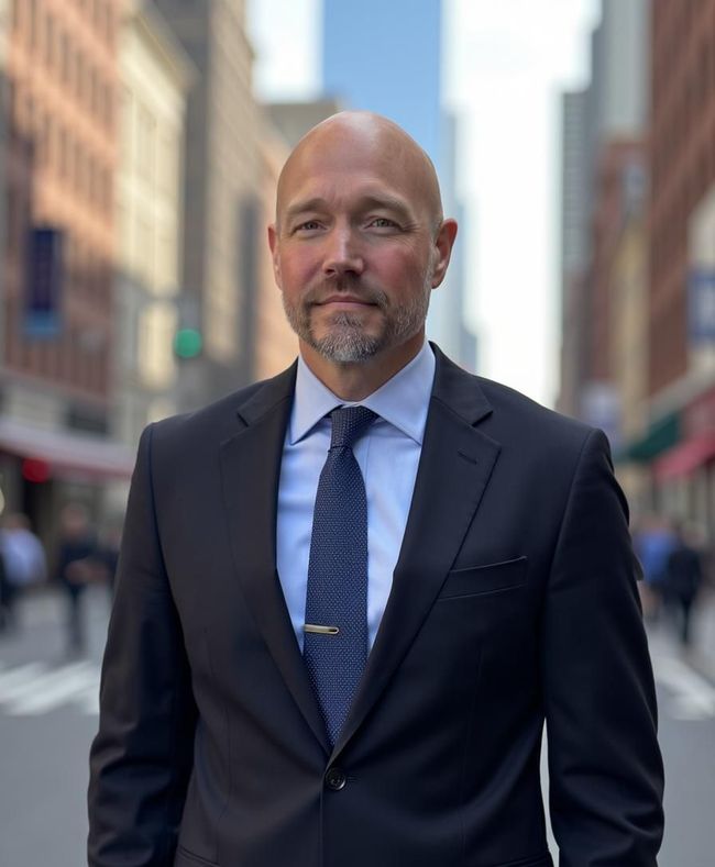 Man in a suit and tie standing on a city street, looking at the camera.