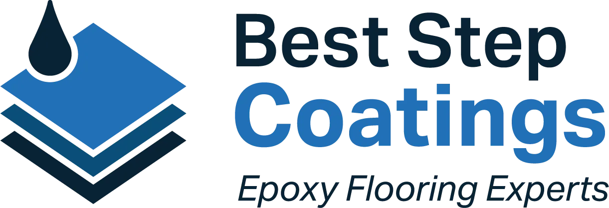Logo: "Best Step Coatings" with layered blue and gray squares, a drop, and text "Epoxy Flooring Experts."