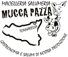 Logo in bianco e nero per macelleria con disegno di un maiale, mappa della Sardegna e scritta 