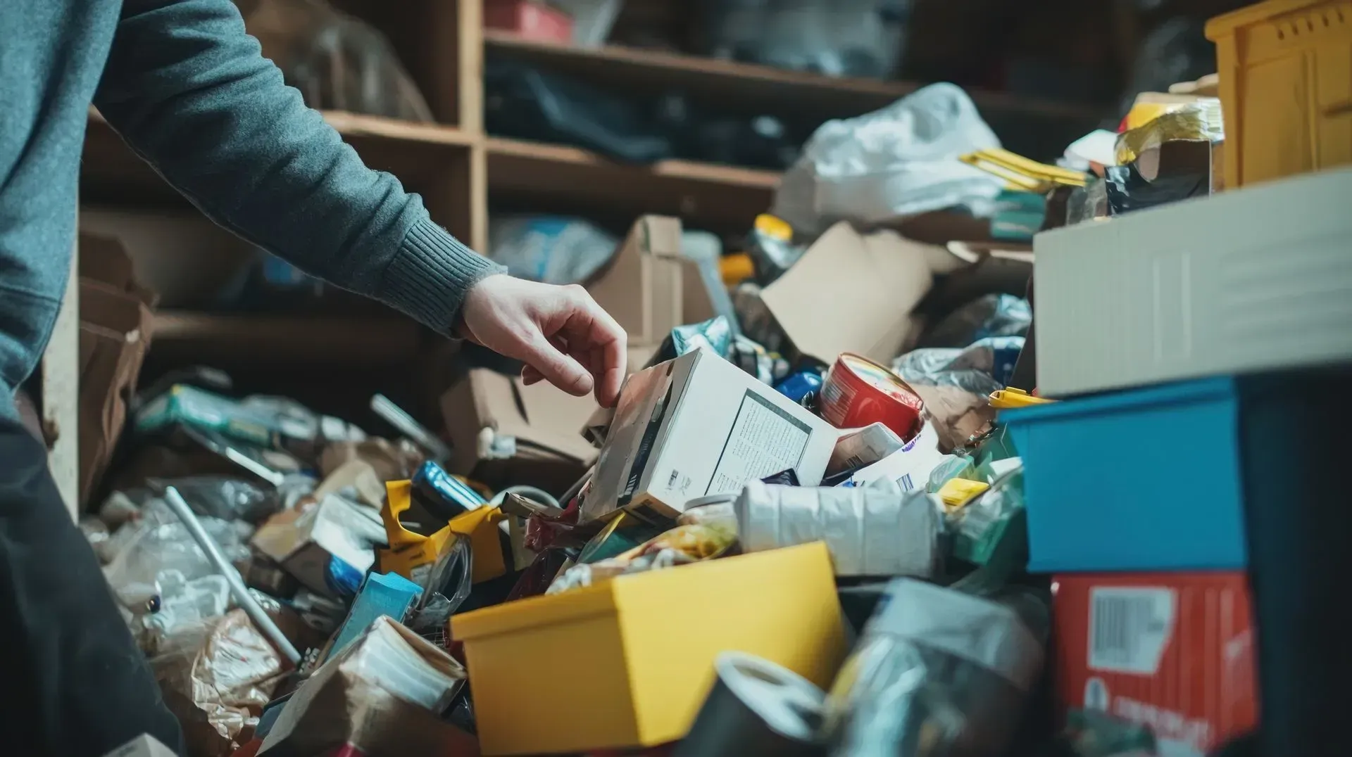 Person sorting through a cluttered pile of trash and recyclables in a messy storage area