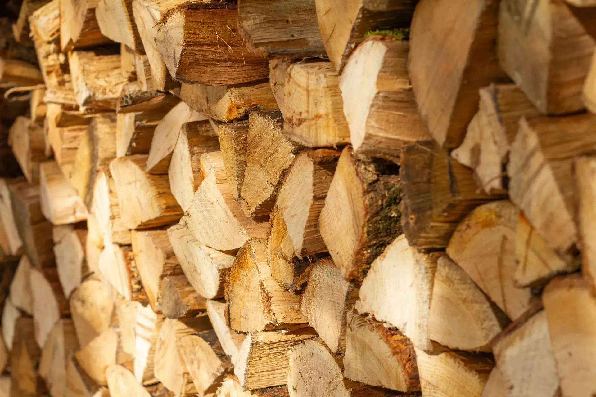 Stacked chopped firewood logs with split ends in warm brown tones