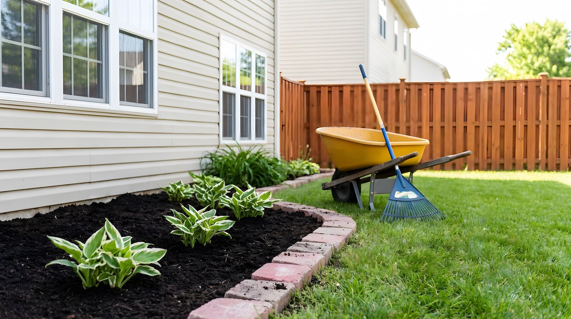Freshly landscaped yard with shrubs, dark mulch, and garden tools beside a house and lawn