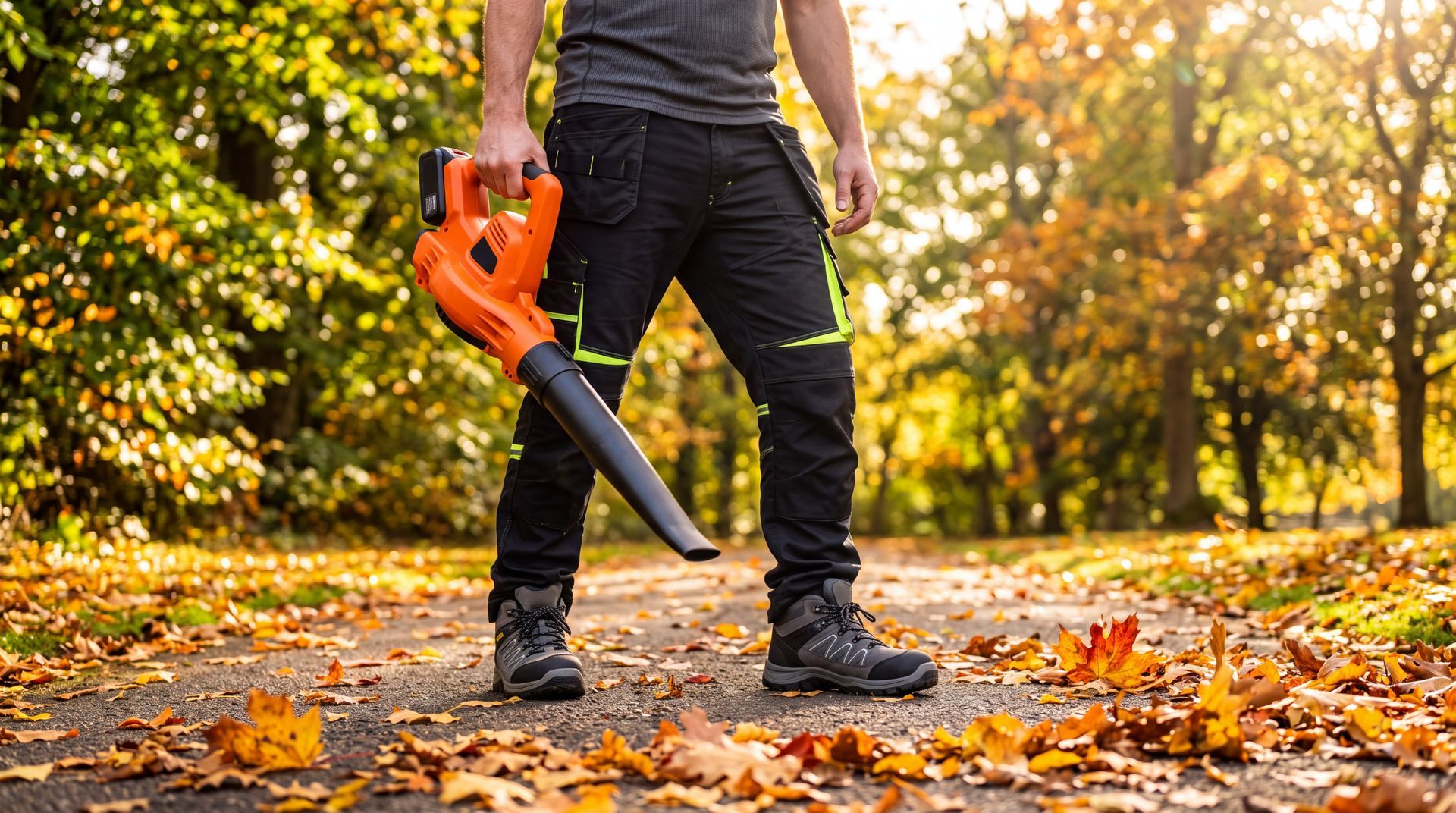 Person using an orange leaf blower on a fall-covered path in a park
