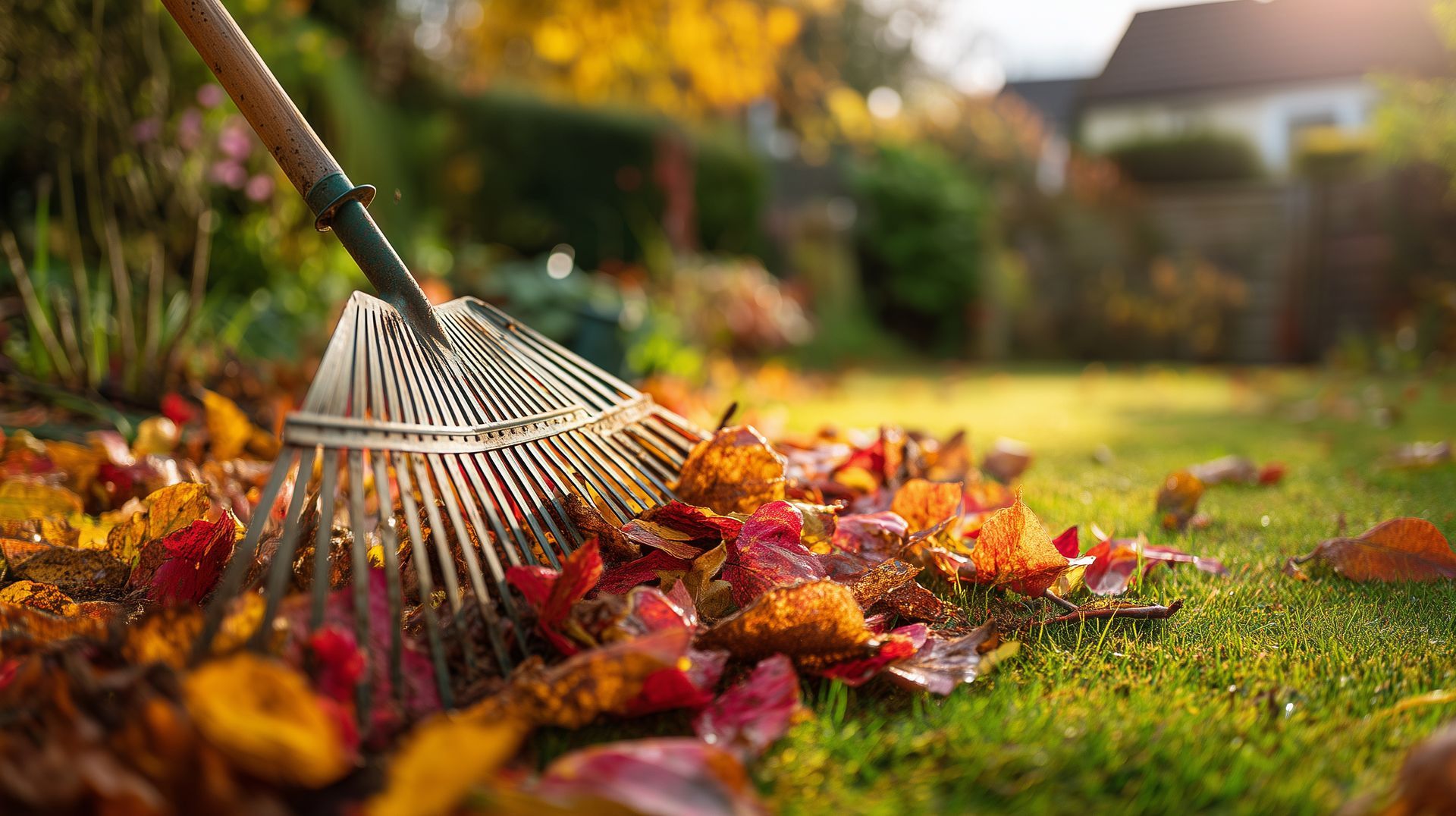 Rake gathering colorful autumn leaves on a grassy lawn