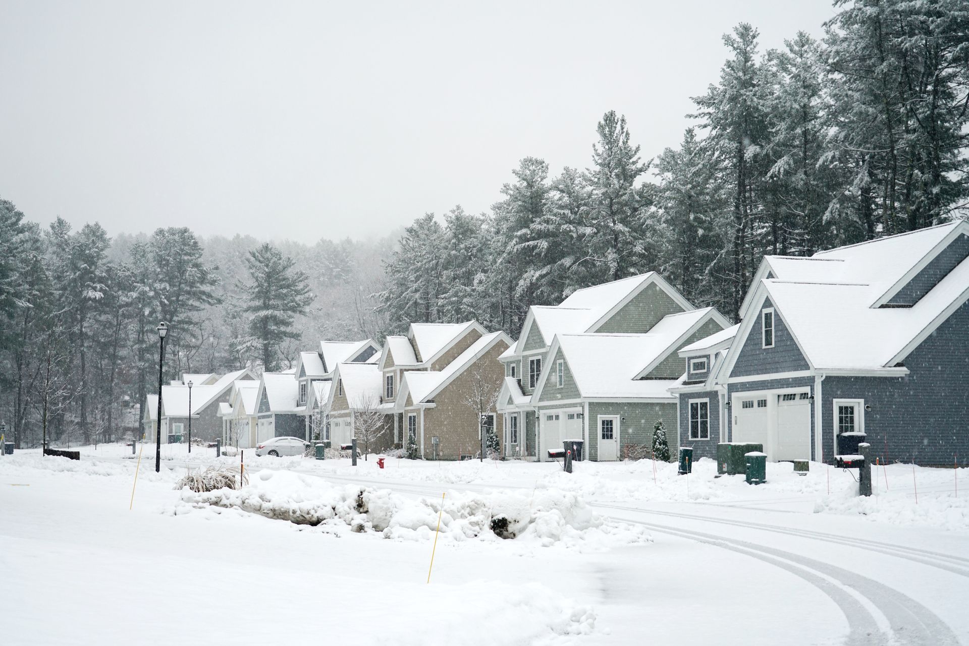 Snow-covered suburban houses along a quiet street with tall trees in the background