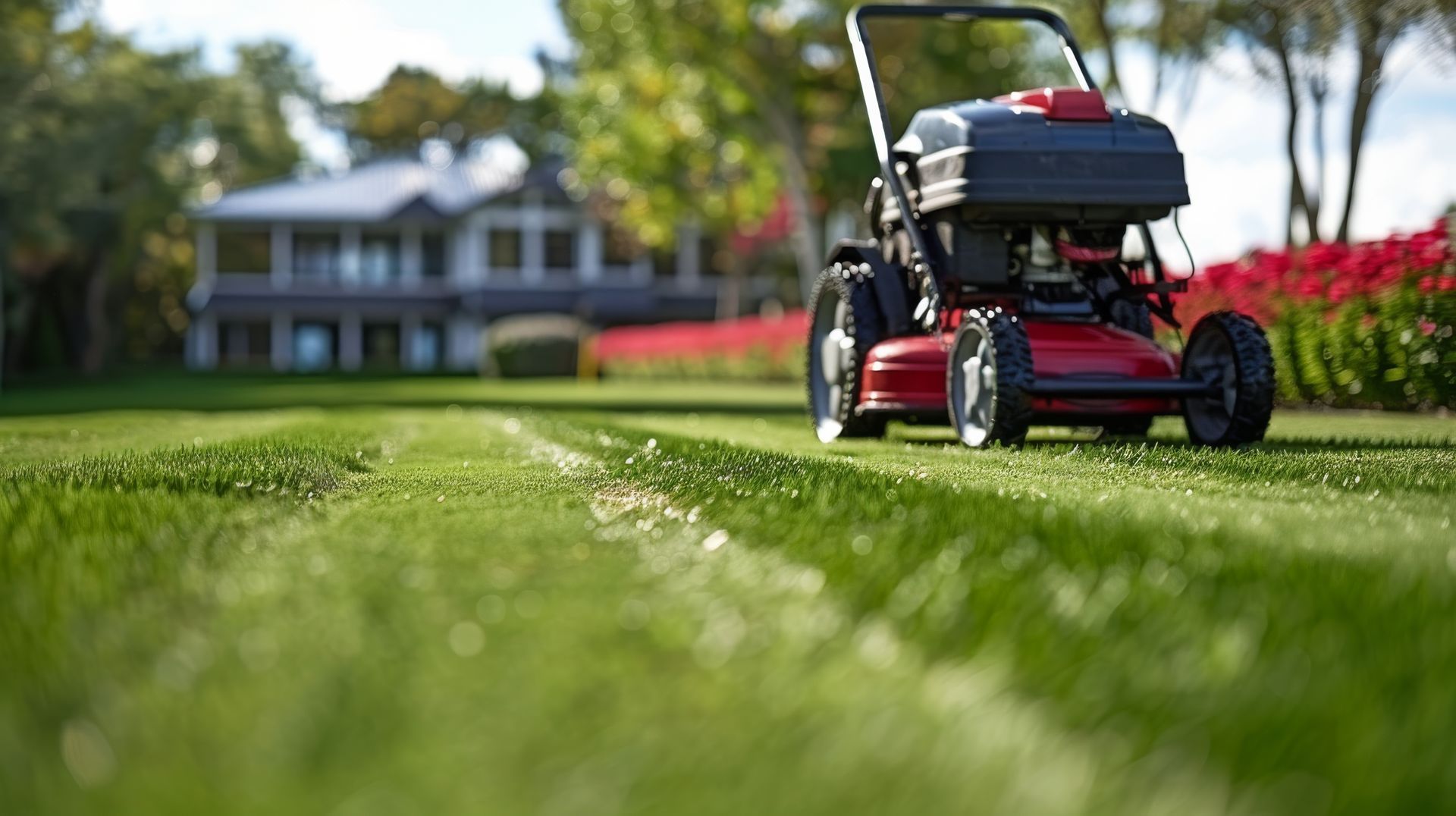 Red lawn mower on a green lawn with a house and trees in the background