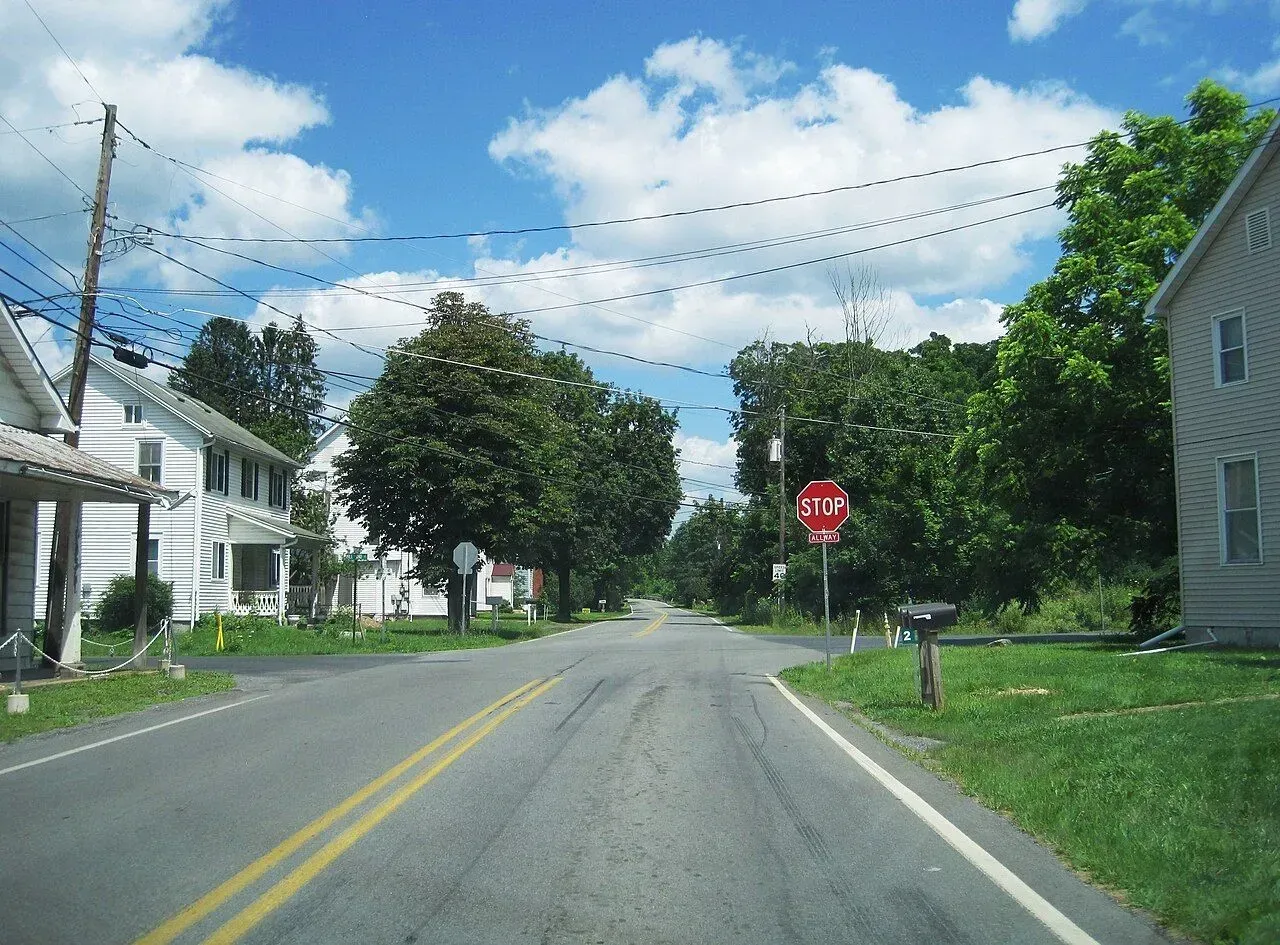 Quiet suburban street with houses, trees, a stop sign, and a clear blue sky