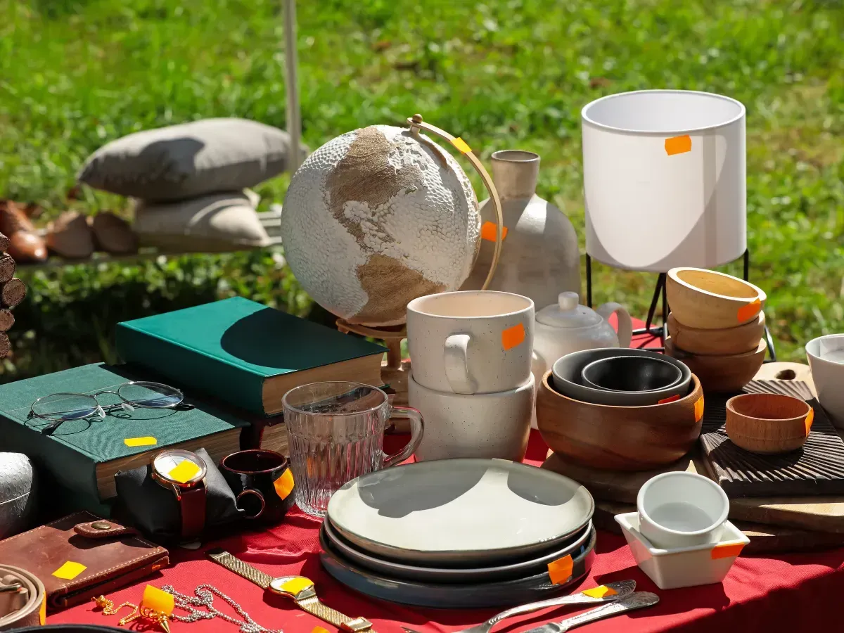 Assorted ceramic tableware, cups, bowls, and a globe arranged on a red table outdoors in sunlight