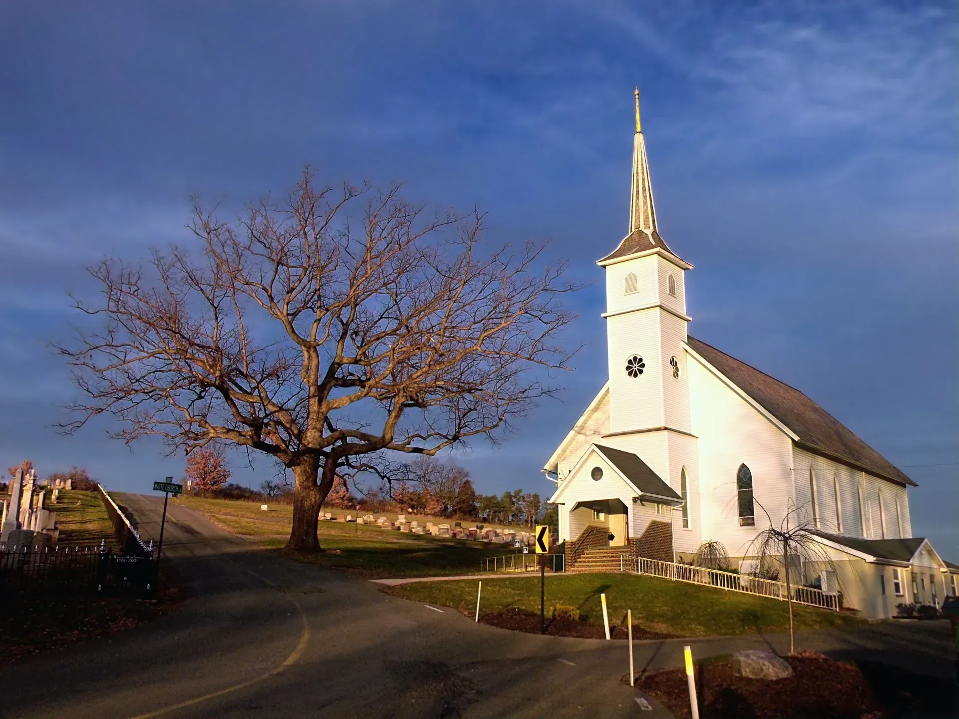 Small white church with steeple beside a leafless tree on a sunny rural hilltop