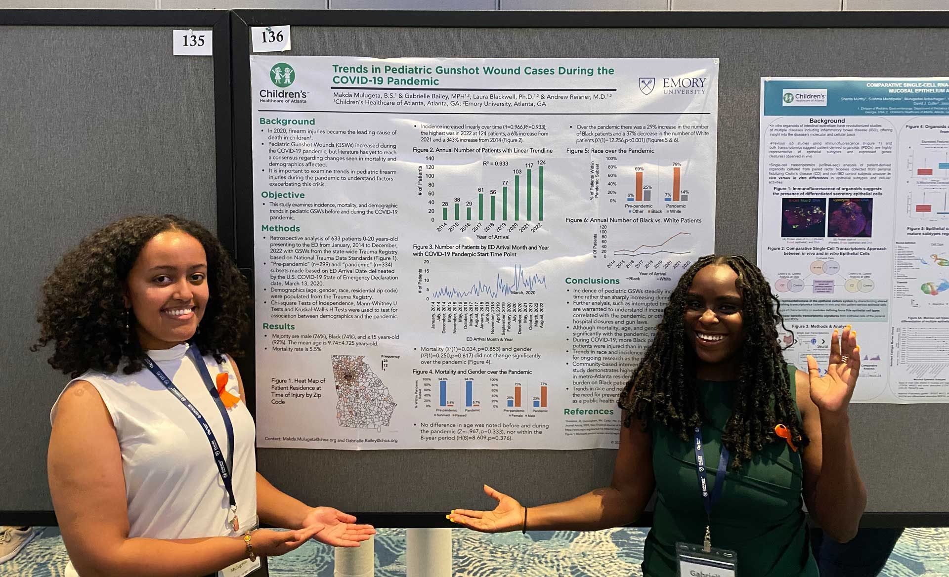 Two women present a research poster at a conference. They are smiling and gesturing.