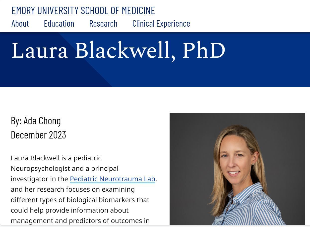 Laura Blackwell, PhD, pediatric neuropsychologist, Emory. Article by Ada Chong, December 2023. Portrait with a blue header.