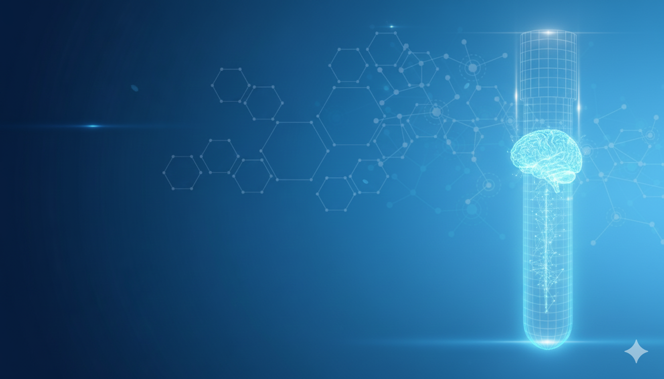 Glowing blue digital brain and test tube with molecular icons on a tech-themed background