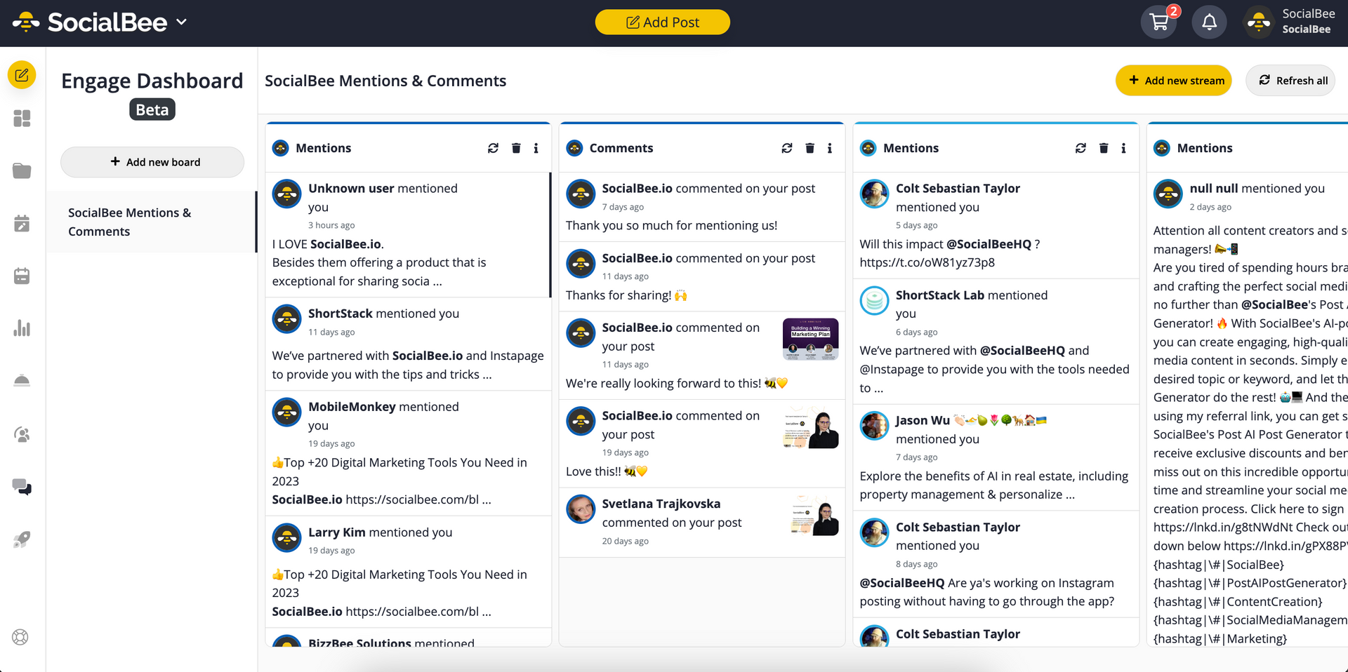 SocialBee Engage dashboard with mentions, comments and messages columns