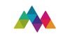 The letter m is made of colorful triangles on a black background.