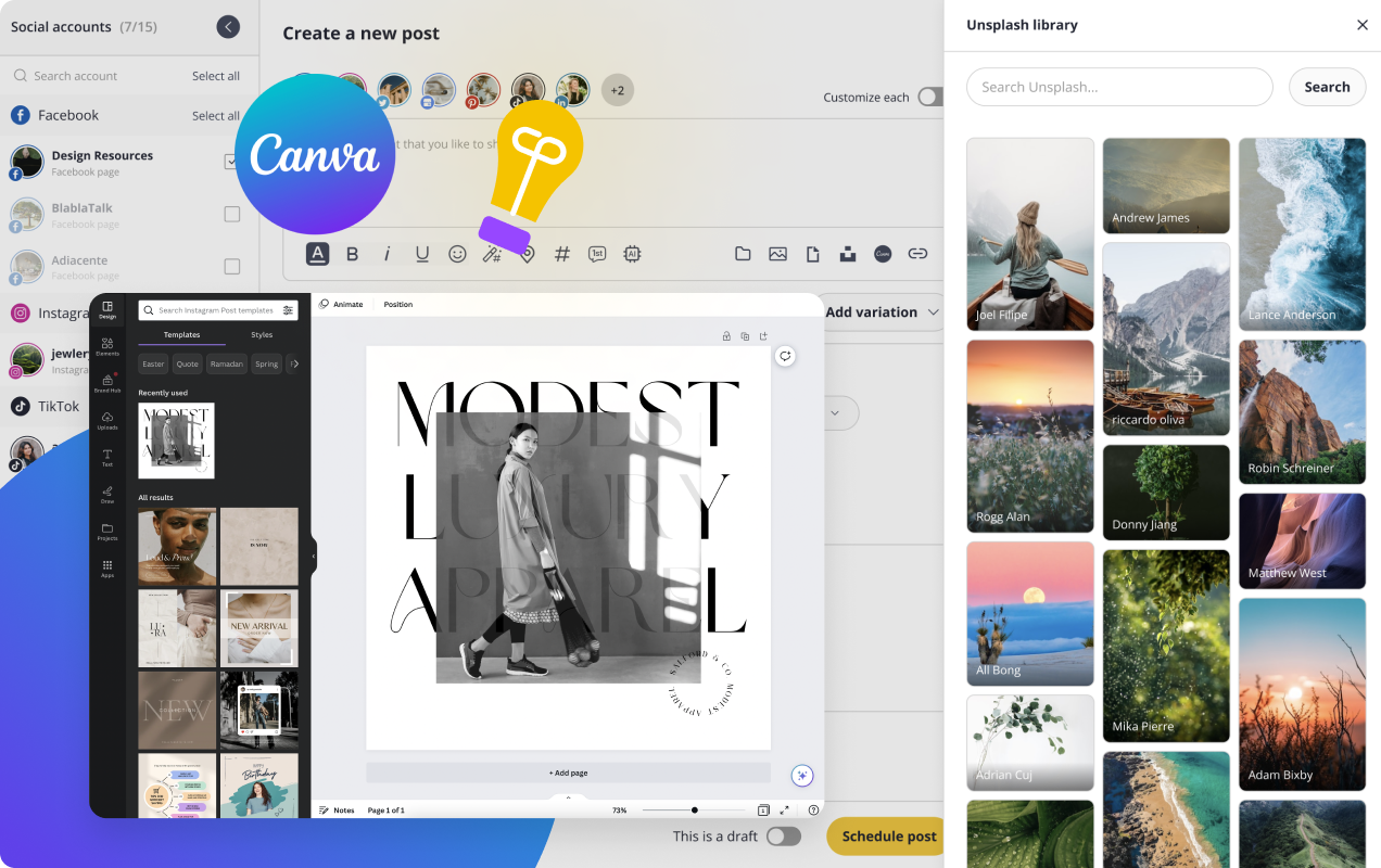 SocialBee post editor with Canva and Unsplash libraries open
