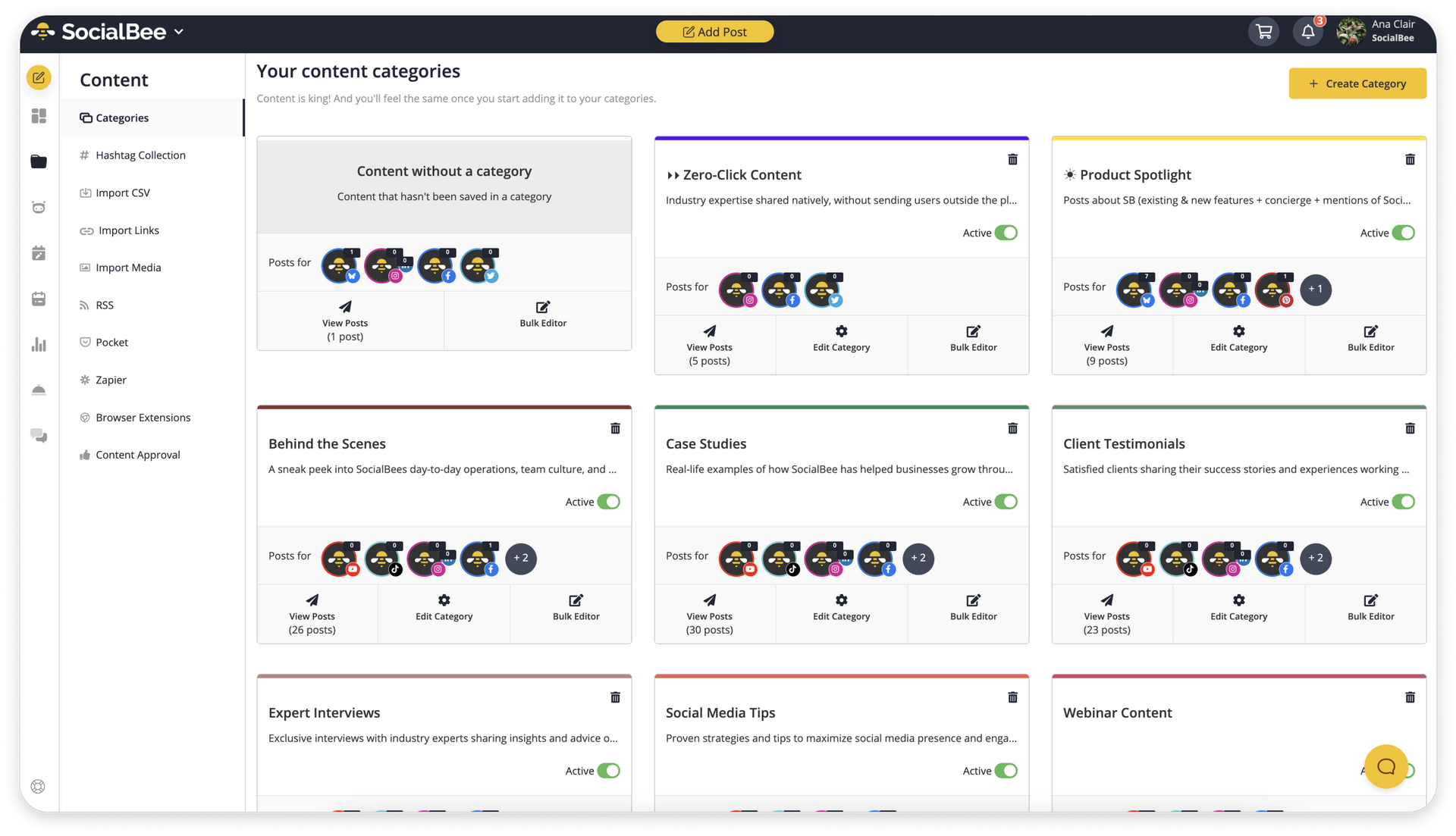 SocialBee content categories grid with organised post types