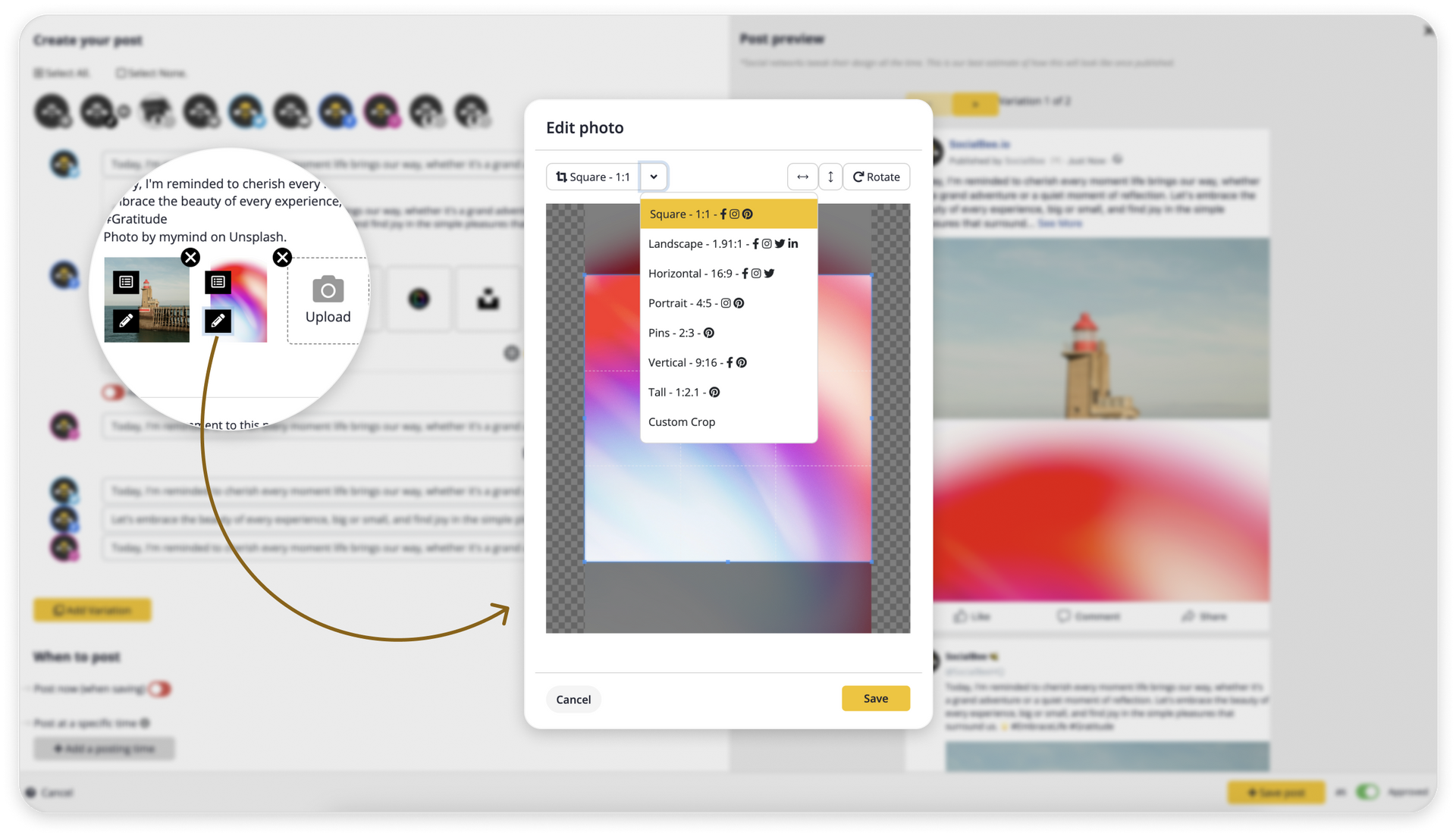 Multi-format image crop tool with platform presets