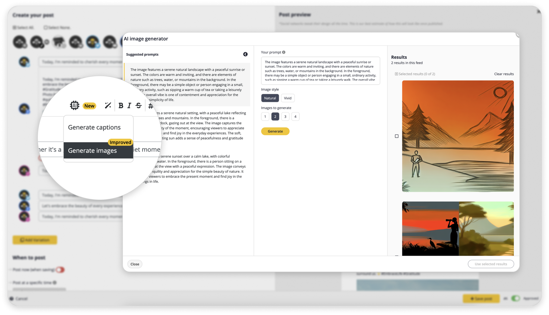 SocialBee AI image generator with results