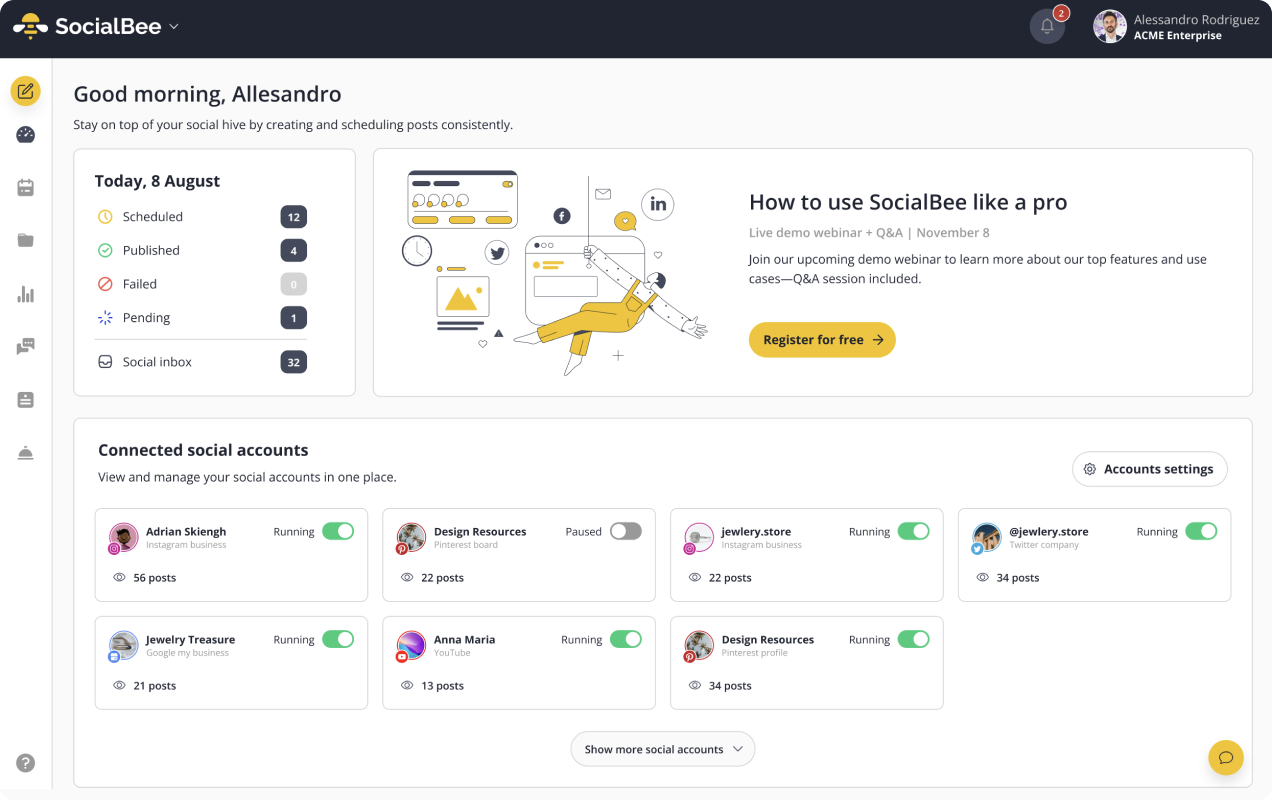 SocialBee dashboard showing scheduled, published and pending counts plus connected accounts