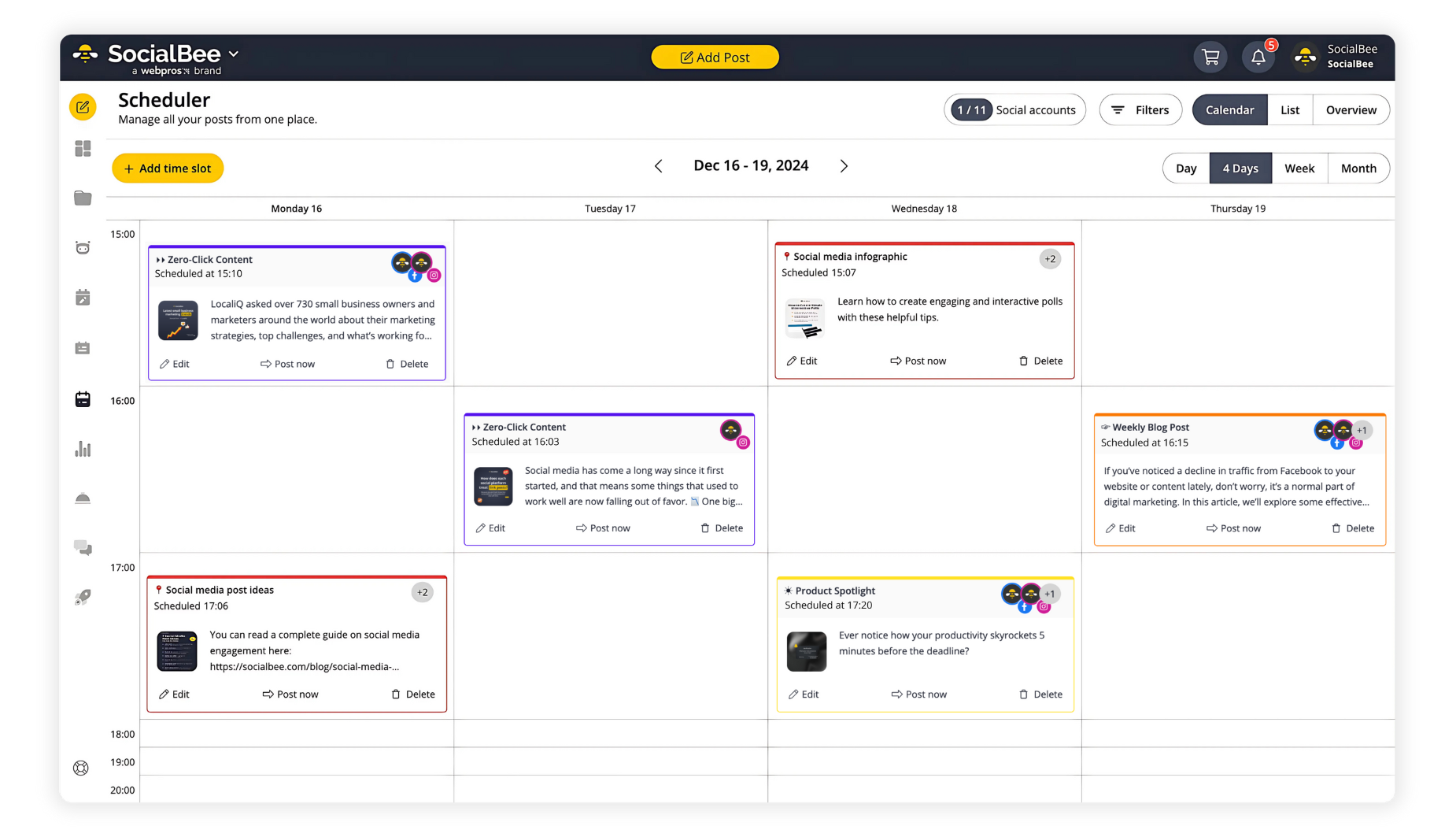 SocialBee scheduler calendar view showing four days of planned posts across multiple channels