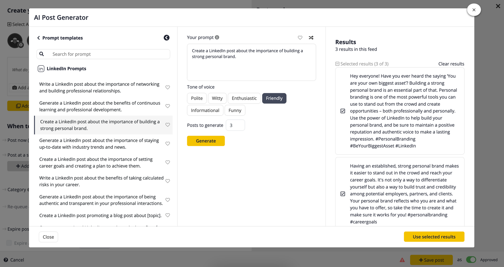 SocialBee AI Post Generator with tone selection and prompt templates