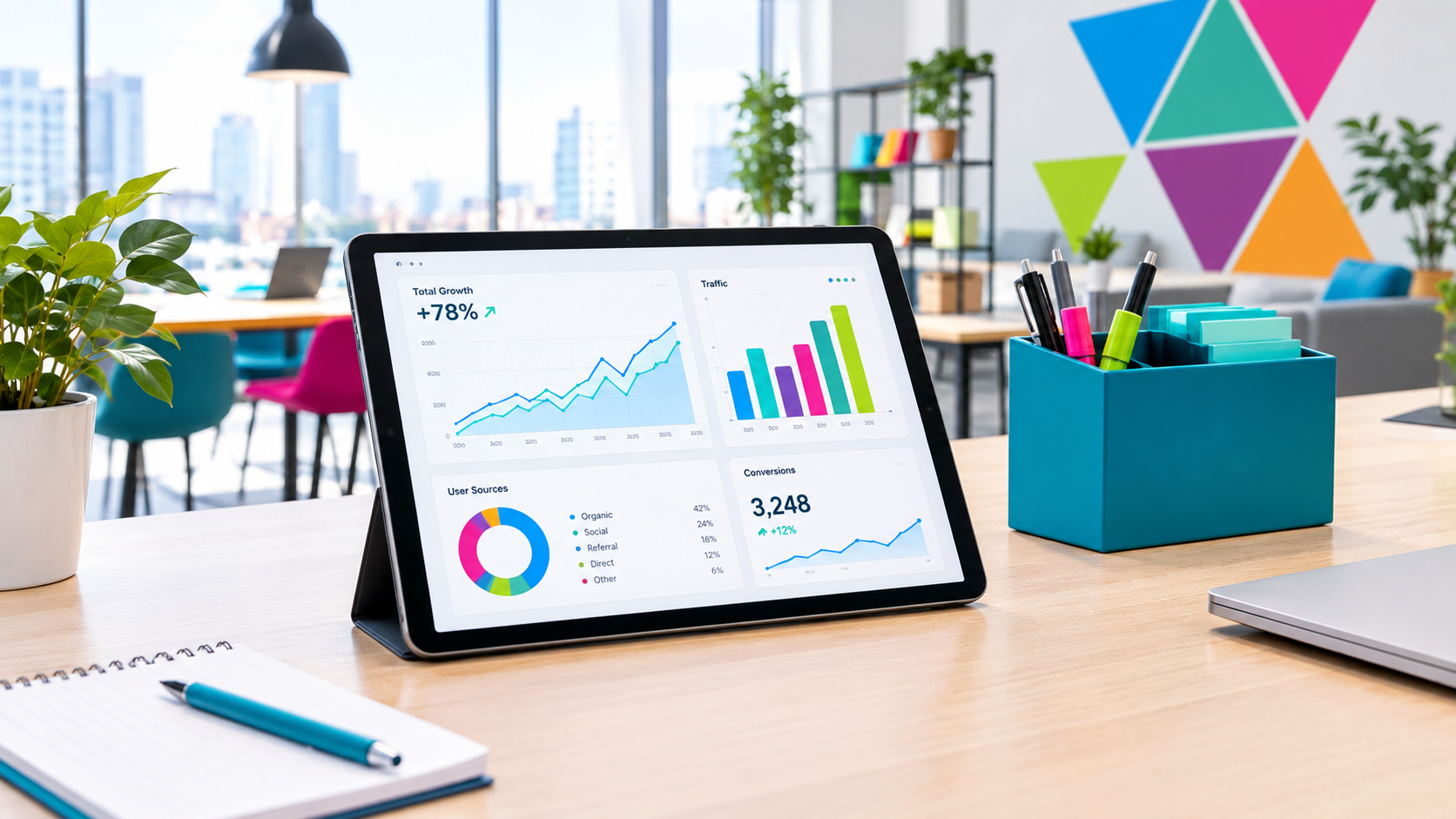 Modern office desk with tablet showing analytics charts, colorful wall art, and stationery
