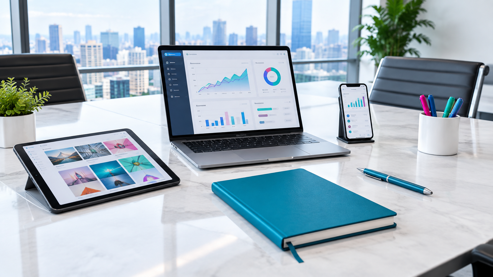 Modern office desk with laptop, tablet, notebook, phone, and charts by a bright window