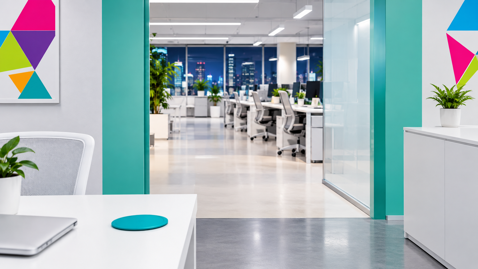 Open-plan office with a laptop on a desk, illustrating how to measure digital marketing ROI