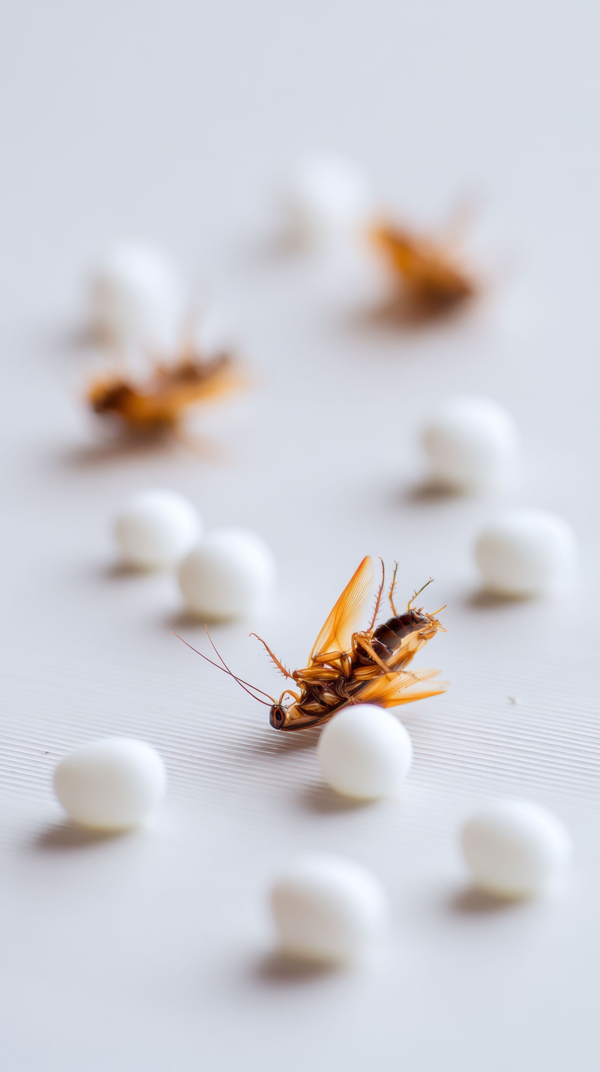 Dead cockroaches surrounded by white round objects on a light surface, showcasing pest control and cleanliness themes 