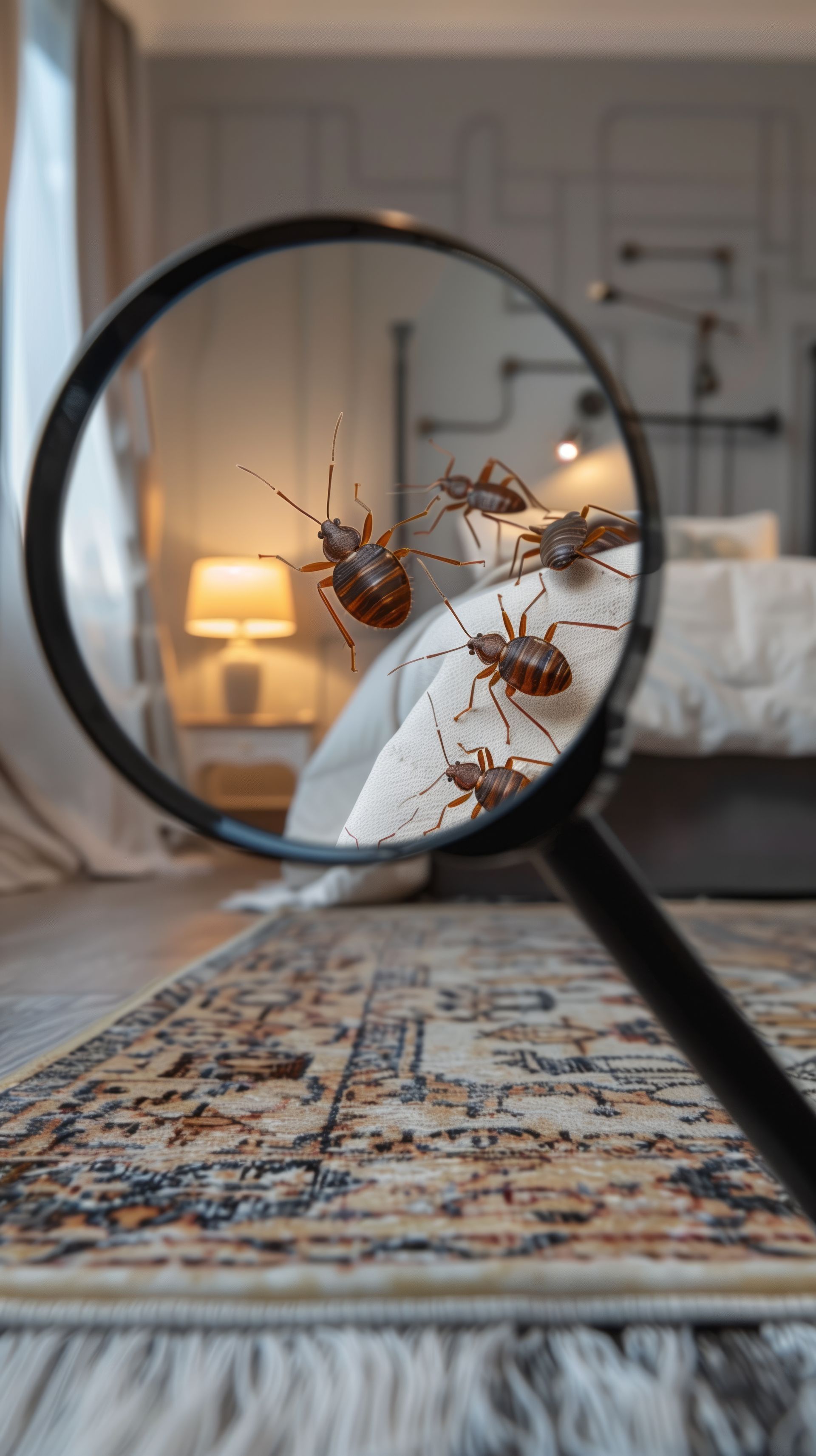 Bed bugs under a magnifying glass, with a bed and bedroom in the background. Concept of pest control,