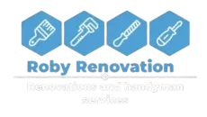 Roby Renovation logo with blue hexagons showing construction tools and the company name in blue text