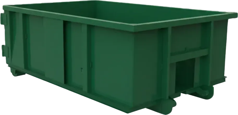 Green industrial dumpster with open top and rear lift pockets