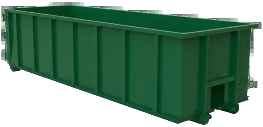 Green metal dumpster on a white background